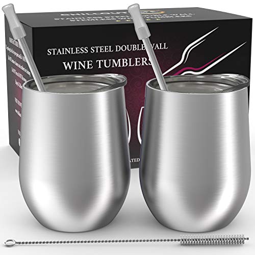 CHILLOUT LIFE 12 oz Stainless Steel Wine Tumblers 2 Pack - Double Wall Vacuum Insulated Wine Glasses Cups with Lids and Straws Set Keeping Cold & Hot for Coffee, Beer, Ice Cream - Dishwasher Safe - color: Stainless Steel, style: 2 Pack
