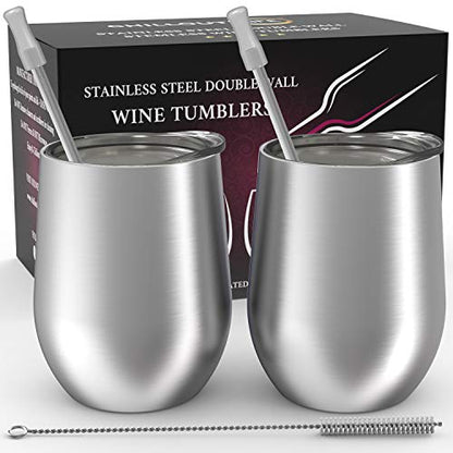 CHILLOUT LIFE 12 oz Stainless Steel Wine Tumblers 2 Pack - Double Wall Vacuum Insulated Wine Glasses Cups with Lids and Straws Set Keeping Cold & Hot for Coffee, Beer, Ice Cream - Dishwasher Safe - color: Stainless Steel, style: 2 Pack