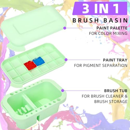 Teenyyou 4 Pcs Paint Brush Cleaner 3 in 1 Multifunction Paint Brush Basin Holder and Organizer with Brushes Holder Washer Trays Palette for Acrylic Watercolor Oil Painting