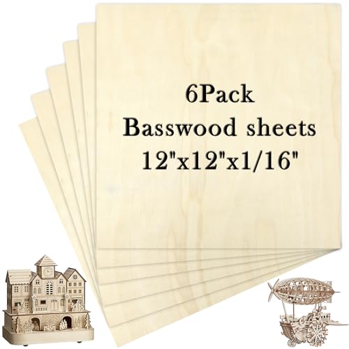 6 Pack Basswood Sheets 12x12 x 1/16 Inch Thin Plywood Balsa Wood Sheets Unfinished Wood Squares Boards Balsa Wood Sheets for Crafts Laser Cutting Wood Burning and Drawing (12 x 12 inch-6pcs) - size: 12 x 12 inch-6pcs