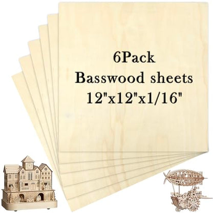 6 Pack Basswood Sheets 12x12 x 1/16 Inch Thin Plywood Balsa Wood Sheets Unfinished Wood Squares Boards Balsa Wood Sheets for Crafts Laser Cutting Wood Burning and Drawing (12 x 12 inch-6pcs) - size: 12 x 12 inch-6pcs