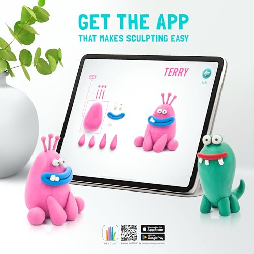 HEY CLAY Set - Colourful Modeling Air Dry Clay Kit for Kids 15 cans and Sculpting Tools with Fun Interactive Instructions App - Children 3+ (Monsters) - style: Monsters