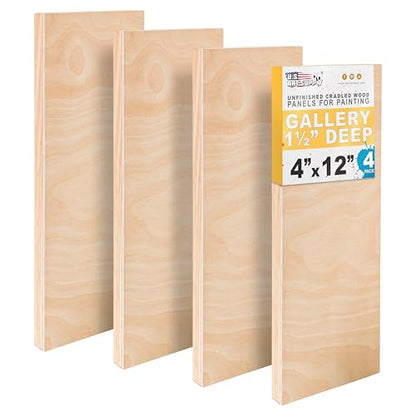 U.S. Art Supply 4" x 12" Unfinished Cradled Wood Panels for Painting, Gallery 1-1/2" Deep (4 Pack) - Artist Depth Wooden Wall Canvases - Mixed-Media Craft, Acrylic, Oil, Encaustic, Paint Pouring - size: 4" x 12"