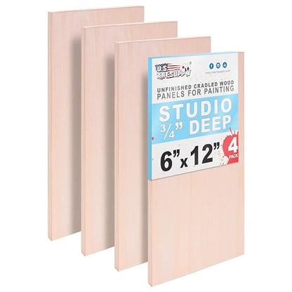 U.S. Art Supply 06" x 12" Unfinished Cradled Wood Panels for Painting, Studio 3/4" Deep (4 Pack) - Artist Depth Birch Wooden Wall Canvases - Mixed-Media Craft, Acrylic, Oil, Encaustic, Paint Pouring - size: 6" x 12"