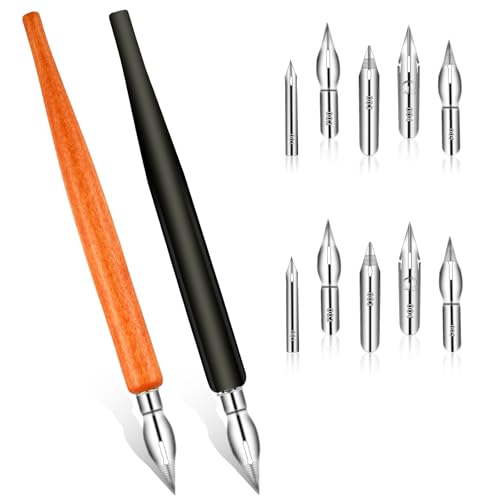 12PCS Comic Pen Nibs for Drawing, Oblique Calligraphy Dip Fluid Writer Pens, Wooden Drawing Pens Holder with 10 PCS Stainless Steel Pen Replacement Nibs Nib for Writing, Painting, Signing, Sketch - color: Brown + Black