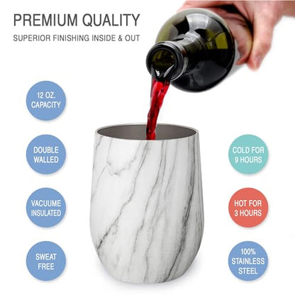 CHILLOUT LIFE 12 oz Stainless Steel Wine Tumbler with Lid - Double Wall Vacuum Insulated Wine Cup Glass Keeping Cold & Hot for Coffee, Champagne, Cocktails, Ice Cream - color: Carrara Marble, style: 1 Pack