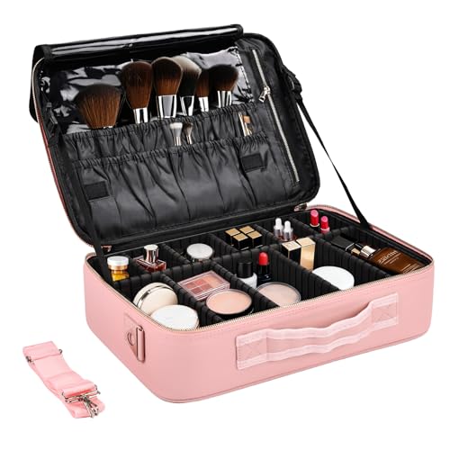 Large Travel Makeup Case, Professional Makeup Train Case Organizer for Women, Cosmetic Brush Bag Holder Waterproof Makeup Artist Storage Box with Adjustable Dividers and Shoulder Strap, Leather Pink - color: Pink Leather, size: Large
