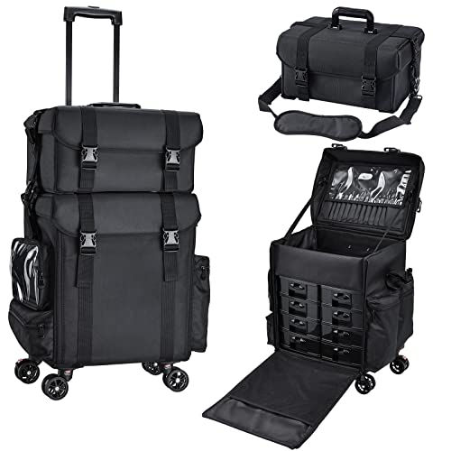 Stagiant Professional Rolling Makeup Case Soft Sided Cosmetology Organizer Wheeled Nylon Train Case Portable Travel Supply Station for Makeup Artist Nail Technician Hair Stylist Crafters