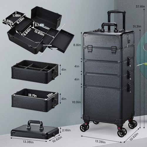 Rolling Makeup Case Makeup Train Case with Lid 5 in 1 Cosmetology Case on Wheels Cosmetic Trolley Organizer Large Makeup Organizers Case Profesional Cosmetic Case for Salon Barber Nail Beauty, Black - color: Black