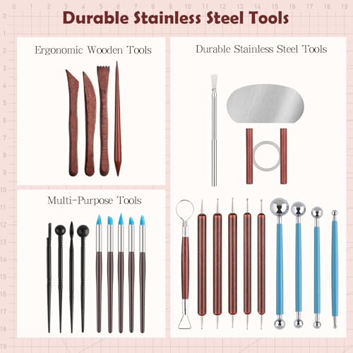 28PCS Ceramic & Pottery Modeling Tools, Clay Tools Sculpting, Polymer Tools Kit, Ceramics Tools Set, Air Dry Clay Tools for Carving, Molding, Pottery Wheel, Crafting Supplies, Pros, Beginners, Adults - color: 28PCS