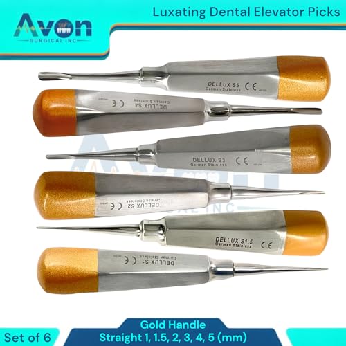 Set of 6pcs Apical Root Tooth Extraction Elevators 1mm, 1.5mm, 2mm, 3mm, 4mm, 5mm (Straight Tip) - Autoclave-Safe German Stainless Steel