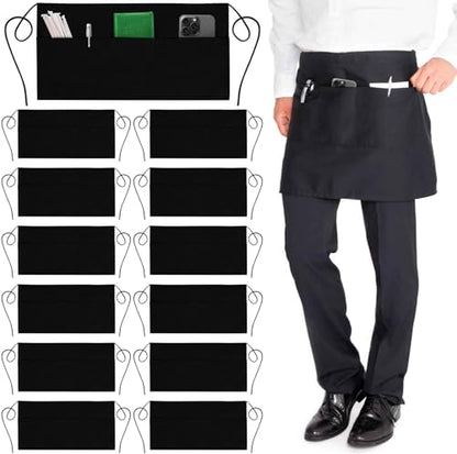 GREEN LIFESTYLE Server Aprons with 3 Pockets - Waist Apron, Waitress Apron for Women and Man, Water Resistant with Long Waist Strap Reinforced Seams, Half Apron (12 Pack - Black) - style: Bistro