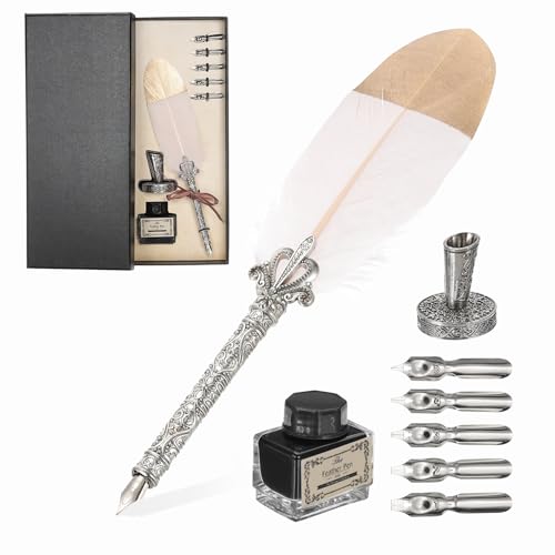 PATIKIL Feather Quill Pen Set, 1 Set Vintage Feather Calligraphy Pen Fountain Dip Pen Set with Ink, Pen Holder and Replacement Nibs for Beginner Writer Writing Gift, Pink - color: Pink
