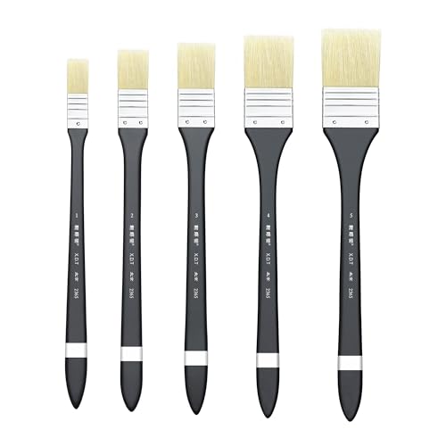 XDT#2365 Hake Artist Paint Brush 5 Piece Set, Hog Bristle Flat Paint Brushes for Acrylic, Oil & Watercolor Painting, Assorted Sizes 0.59" to 1.54" for Craft & DIY Projects - size: Hog 5Pc