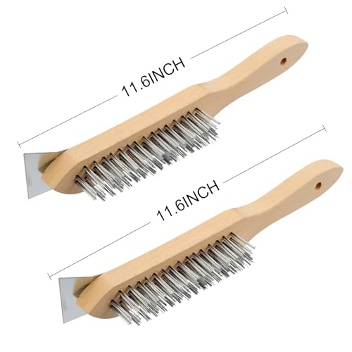 MAXMAN Stainless Steel Wire Scratch Brush, 12 Inch Wooden Handle Wire Brush with Metal Scraper, Heavy Duty Wire Brushes for Cleaning Rust, Paint Scrubbing, Dust and Other Hard Surfaces 2 Pieces - style: Stainless Steel Bristles