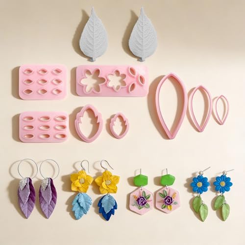 8 Pcs Clay Cutters Molds for Polymer Clay Jewelry, Press Mold and Cutter Set for Earrings, Floral Leaf Geometric Shapes with Mini Flower Press Tools for Crafts