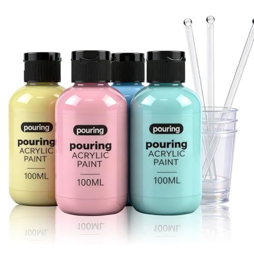 Colorful Pastel Series Acrylic Pouring Paint Set, 3.34 oz./100 ml Bottles of 4 Colors with Cups, Sticks & Gloves, Fluid Ready Pour Paints Perfect for DIY Arts and Crafts Projects - color: Pastel Color