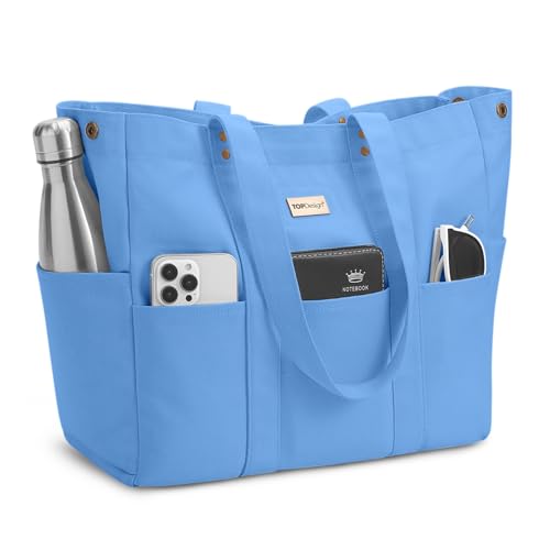 TOPDesign Large Canvas Tote Bag for Women, Shoulder Bag with Laptop Sleeve & Pockets, Everything Tote for Travel, Work (Ocean Blue) - color: Ocean Blue