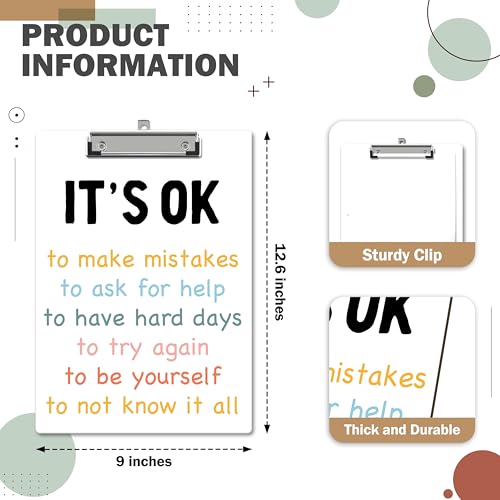 Inspirational Clipboard, Positive Afirmations ClipBoards with Low Profile Clip for Toddler Kids Students, Motivational ClipBoards Suitable for School Office, 12.6 x 9 Inch Size - C08 - style: It's Ok To Make Mistakes