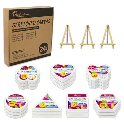 24-Pack 10cm (4") Mini Canvas for Kids, 100% Cotton Acid-Free Stretched Canvases with Easel for Painting, 5/8 Inch Profile 8 Ounce Shaped Canvas for Acrylics,Oils Paints, Perfect for Painting Party - size: 4" Canvas with 3.5x6.3" Easel Set - 24Pack
