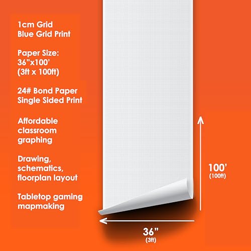 Geyer Instructional 1cm Graph Paper Roll – 36” x 100’ Black Grid, Large Format Blueprint Paper, 24 lb Bond for Classroom, STEM, Math & Design Projects - color: Black