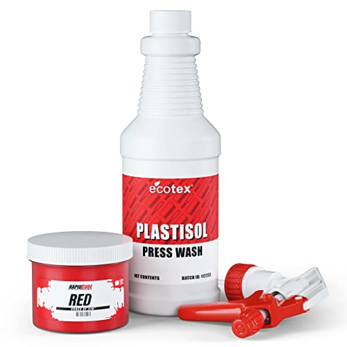 Rapid Cure® Red Plastisol Ink (8 oz.) and Ecotex® Plastisol Press Wash (Pint - 16oz.) - Ink for Screen Printing Fabric, Screen Printing Cleaner/Degreaser - Silk Screen Press Wash/Plastisol Ink - color: Red