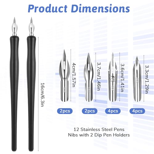 14 Pcs Dip Pen Set Comic Pen Nib Set 12 Stainless Steel Pens Nibs with 2 Wooden Drawing Pens Holder G-Pen Ink Nib for Calligraphy, Comics, Signatures, Drawings (Black)