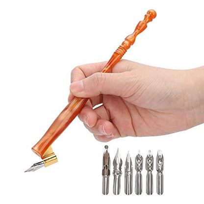 Calligraphy Oblique Nib Pen Point Holder, English Calligraphy Pen Nib Holder Antique Copperplate Script Handed Dip Pen + 6 Flat Nibs(1)