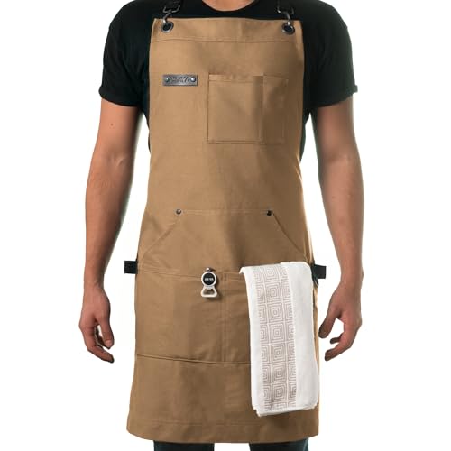 Asaya Chef and BBQ Apron with Bottle Opener and Hand Towel - 10oz Cotton Canvas, Stainless Steel Hardware - Cross Back Straps - color: Tan