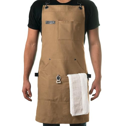 Asaya Chef and BBQ Apron with Bottle Opener and Hand Towel - 10oz Cotton Canvas, Stainless Steel Hardware - Cross Back Straps - color: Tan