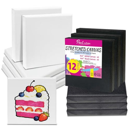 12 Pcs Stretched Canvas, 4x4 Canvas, Black & White Blank Canvas, 100% Cotton with Natural Cottonseed Husk, 12oz Triple Primed, Warp-Resistant Wood Frame, Ready to Paint for Acrylics & Oils - size: 4x4" Canvas - 12Pack