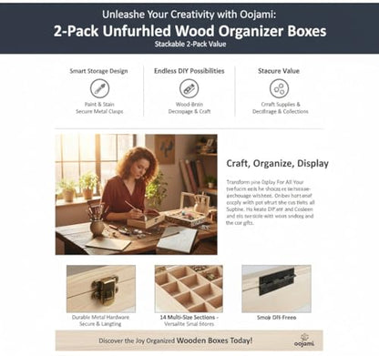 2 Pack Unfinished Wooden Jewelry Organizer Box with Glass Lid – 14 Compartment Bead & Craft Storage Case – DIY Paintable Wood Display Box for Jewelry, Gems, Supplies