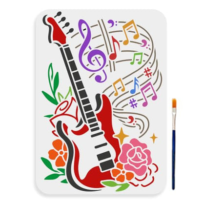 MAYJOYDIY Guitar Sheet Music Note Stencil 11.7×8.3inch Large Music Notes Flower Stencil with Paint Brush Reusable Musical Instruments Stencil for Painting on Furniture Wood Canvas Paper Wall - color: Guitar Sheet Music