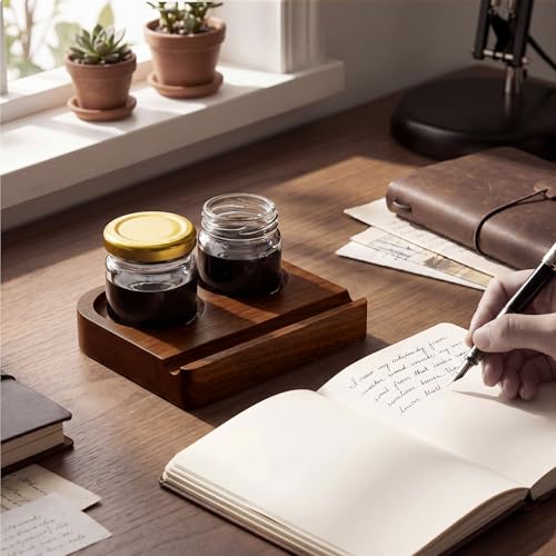 3 Pcs Wooden Tilting Calligraphy Pen Holder with 2 Empty Glass Ink Bottle 4 Inch Calligraphy Oblique Nib Holder Stand Base with Dual Slot Design Desktop Tabel Decoration for Dip Pen