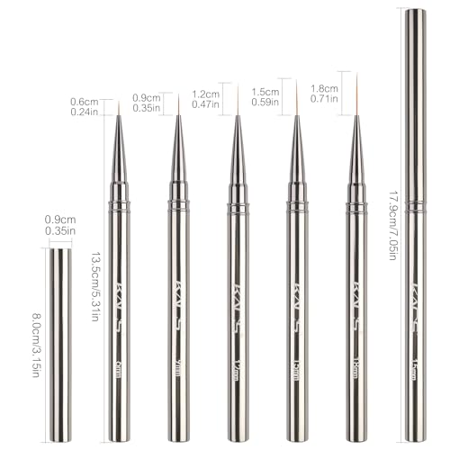 KADS Fine Liner Nail Brush Metal Handle Nail Painting Design Brush Drawing Pen 6mm 9mm 12mm 15mm 18mm (Set of 5Pcs) - color: Set of 5Pcs (All Sizes)