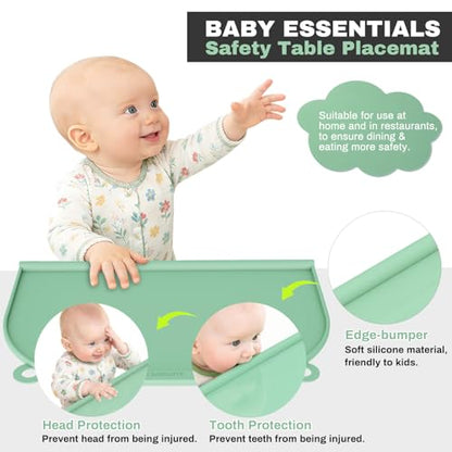 Large Silicone Suction Table Mat, 17" x 12" Thick Placemat with Edge-Bumper, Raised Edge Leakproof, Non-Slip for Kids Toddler Baby Essentials Dinning, Restaurant Eating, Plates, Art, Craft & Painting - color: Green