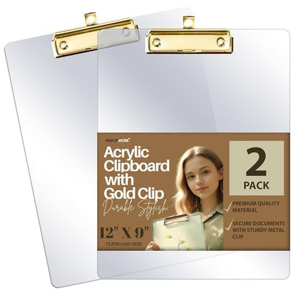 Performore Clear Acrylic Clipboard Set 2-Pack Thick Plastic Writing Boards with Gold Metal Clip 12x9 Heavy-Duty Transparent Clipboards for Office, School, Events & Presentations - style: 2 Pack GOLD