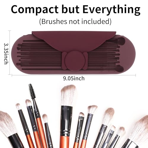 Travel Makeup Brush Holder with Cleaning Pad -Silicone Brush Organizer Case, Magnetic Closure Waterproof Cosmetic Bag for Easy Storage & On-the-Go Cleaning (9.05 Inch) - color: Brown
