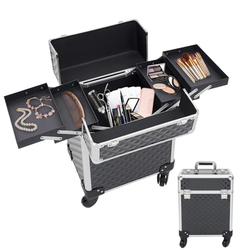 Rolling Makeup Case Cosmetic Train Cases Rolling Makeup Cart Nail Cart Cosmetic Organizer with Foldable Trays Travel Case Salon Barber Case for Makeup Artist Nail Tech Hairstylists (Type B, Black) - color: Black, style: Type B
