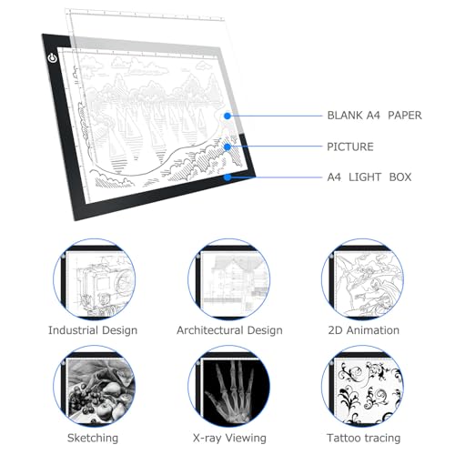 ME456 A4 LED Light Box 9x12 Inch Light Pad Only 5mm Ultra-Thin USB Power Light Table for Tracing, Tattoo Transferring, Drawing, Streaming, Sketching, Animation, Stenciling, Diamond Art Painting - style: A4 (Black)