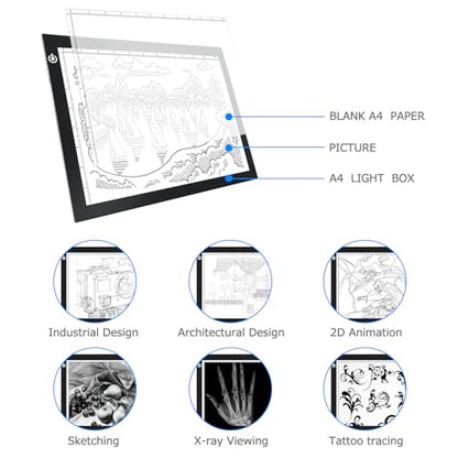 ME456 A4 LED Light Box 9x12 Inch Light Pad Only 5mm Ultra-Thin USB Power Light Table for Tracing, Tattoo Transferring, Drawing, Streaming, Sketching, Animation, Stenciling, Diamond Art Painting - style: A4 (Black)