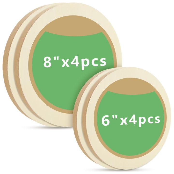 8 Pcs Round Wood Canvas Panels, 6" & 8" Dia, 0.7" Depth, Unfinished Wood Canvas Board for Painting, Pouring, Arts Use with Oils, Acrylics