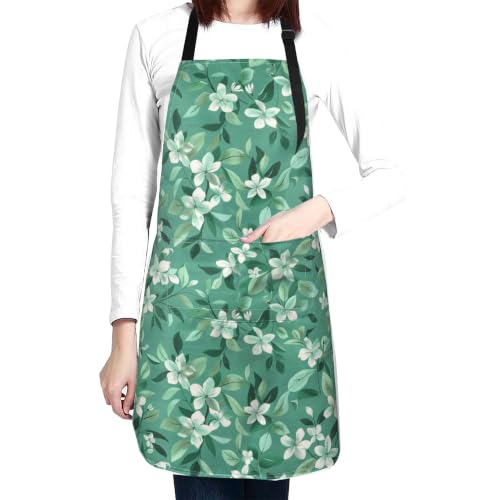 Fresh Meadow Floral Waterproof Apron with Pockets | Housework Aprons for Men Women Adjustable Bib Apron for Cooking Kitchen Baking BBQ Painting Garden Oil Resistant - color: Green Teal Floral Art