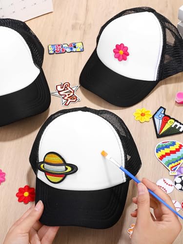 Aneco DIY Blank Trucker Hats Kit Adjustable Baseball Caps | Embroidered Patches, Paint Tools Included, Craft Kit, Sports Events, Group Activity, Party Favor - color: Black