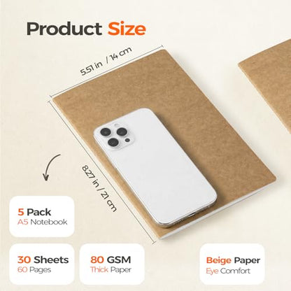5 Pack Blank Kraft Notebooks A5, Unlined Composition Journals, 80gsm Paper, 60 Pages, 8.3x5.5 Inches, Softcover Sketch Writing Notebooks for School Office Artists Students