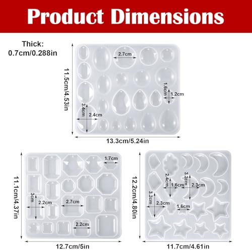 Earring Resin Mold with Holes Silicone Pendant Epoxy Mold 3 Packs | Geometric Gem Cabochon Jewelry Casting Variety Shapes Sizes for DIY Earrings Necklace Keychain Crafting Resin Supplies