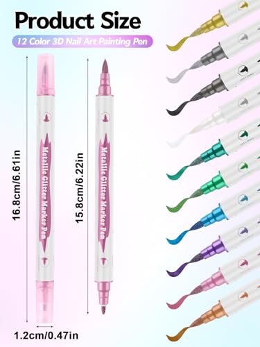 10 Color Metal Giltter 3D Nail Art Pens Set, Kalolary Double-ended Nail Point Dotting Pen Drawing Painting Liner Brush for DIY Nail Art Beauty Adorn Manicure Tools(G) - color: G