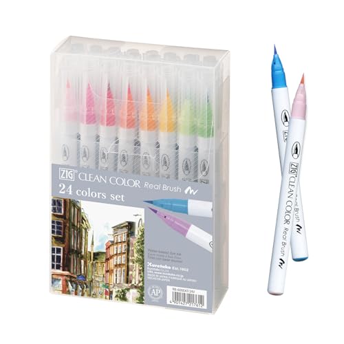 Kuretake Zig Clean Color Real Brush 24 colors set, Brush tip marker pens, for Professional and Artist, coloring, drawing, calligraphy, lettering, Made in Japan - color: 24