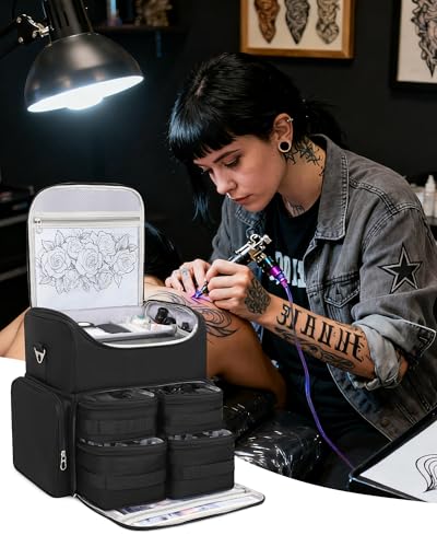 Relavel Tattoo Backpack with 6 Removable Pouches, Tattoo Travel Case with 3 Detachable Dividers, Waterproof Tattoo Carrying Case for Stencil Printer, Equipment and Supplies - Black - color: Black With 2 Bags