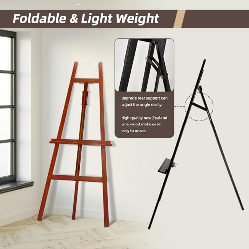 Large A-Frame Wooden Painting Display Walnut Easel, Large Adjustable Pine Wood Standing Easel Holding Canvas Up to 60'', Solid Wood for Display, Wedding Sign or Painting-Walnut - style: Walnut